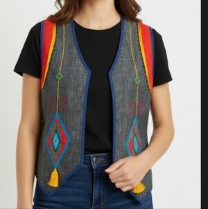 Irene pulos Tlaquepaque Mexico vintage Colorful Embroidered Vest cotton medium